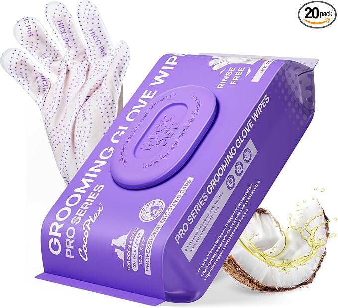 HICC PET Grooming Glove Wipes Pro Series for Dogs & Cats, Extra Thick Dual-Textured Grooming Wipes, Rinse-Free Shampoo Mittens for Quick Cleaning & Deodorizing, Spa-Like Care at Home,20PCS - Unscented