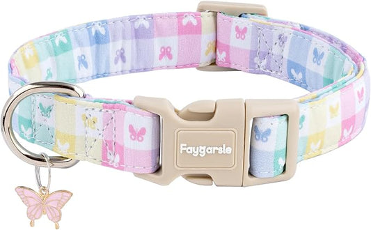 Faygarsle Pastel Butterfly Print Dog Collar, Adjustable with Quick-Release Buckle, Lightweight Summer Design for Small Medium Large Dogs Colorful XS