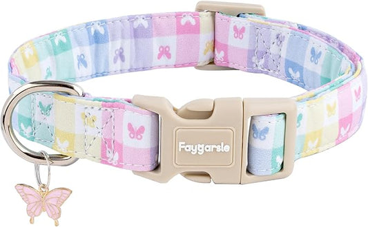 Faygarsle Pastel Butterfly Print Dog Collar, Adjustable with Quick-Release Buckle, Lightweight Summer Design for Small Medium Large Dogs Colorful S