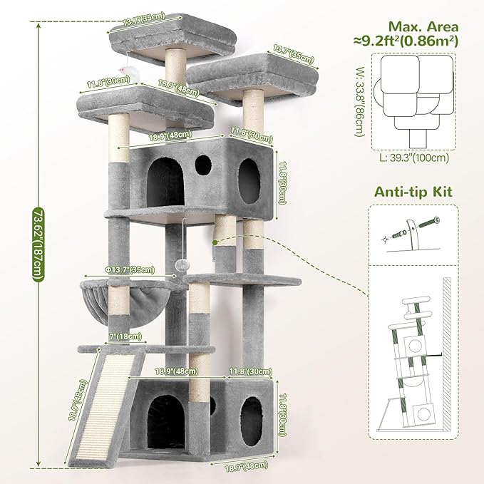 Globlazer Heavy Duty Cat Tree, 73inch Sturdy Cat Tower with Scratching Post for Indoor Multiple Cats, Maine Coon Cat Tree with Cat Perch, Basket, Cat Condo for Adult Cats Kittens, F73C, Light Grey
