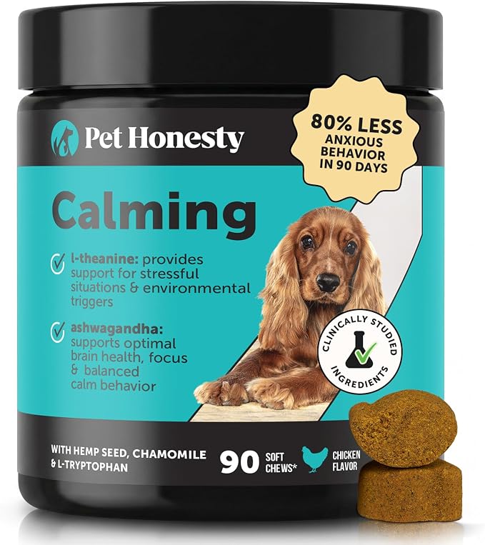 Natural Hemp Dog Calming Chews for Occasional Anxiousness & Stress - Calming Treats for Thunderstorms, Fireworks, Separation & Travel - with Ashwagandha, L-Theanine, Valerian Root (Chicken, 90 Ct)