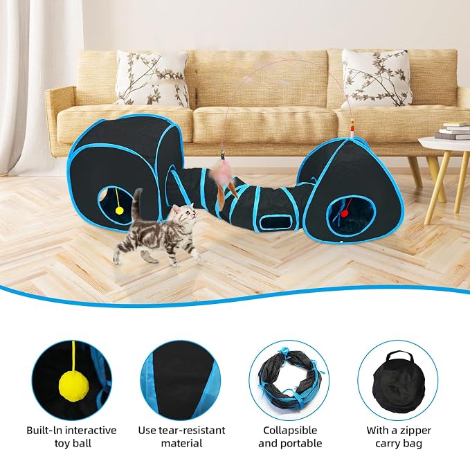 Cat Tunnels for Indoor Cats with Tent Cube and Feather Toy Collapsible Combo, Pop Up Cat Play Tunnel with Interactive Cat Toy Ball for Kitten, Ferret, Puppy, Guinea Pig, Rabbit, Bunny, Blue