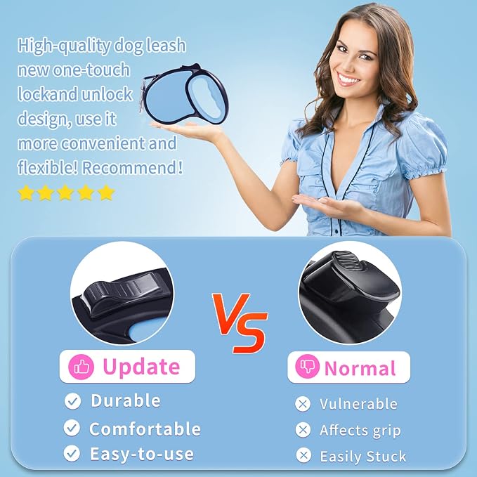Retractable Dog Leash,[Strong Nylon Tape][One-Handed One Button Lock] for Small Medium Dogs and Cats,16ft Pet Walking Leash with 360°Tangle-Free Design,Anti-Slip Handle,Gift Package (Light Blue)