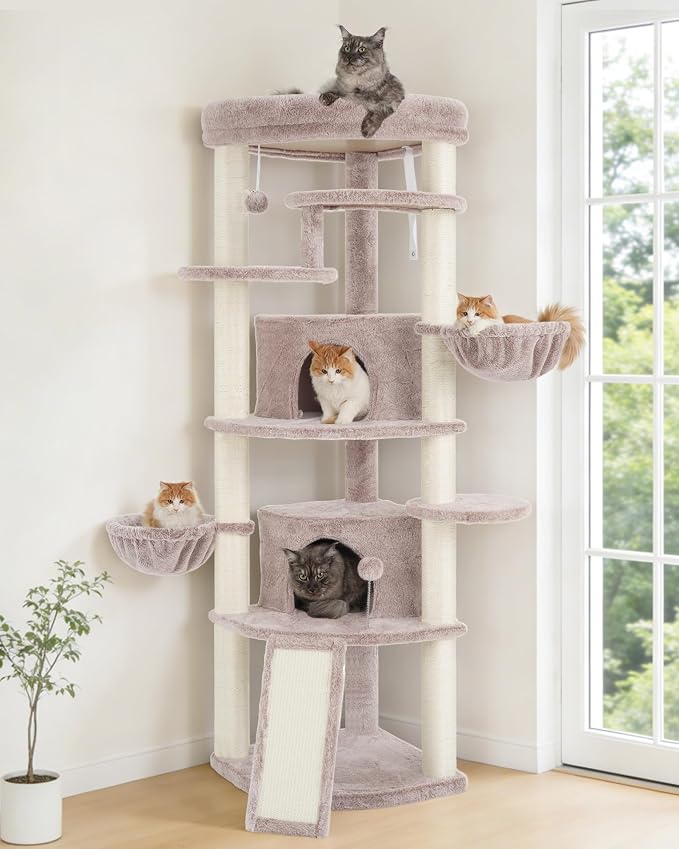 Gitelsnour Corner Cat Tree for Indoor Cats, Cat Tower with All Sisal Scratching Posts, Multi-Level Cat Condo wth 2 Large Cat Caves, Big Top Perch, 2 Hanging Baskets, Sisal Ramp, Mushroom GCT035MU