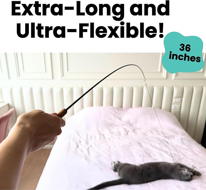 Forever Stick and 3 Strings including Chew Proof Metal Wire - The Unbreakable Cat Wand Toy, Durable Cat Toy Wand, Extra Long Cat String Toy, Cat Fishing Pole Toy for Bored Indoor Adult Cats, Stick Toy
