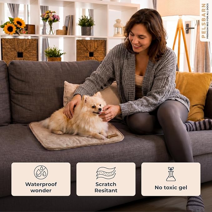 Pelsbarn Dog Cooling Mat- Ice Silk Summer Comfort, Self Cooling, Non-Slip Dog Pad, Durable & Washable, Mat for Extra Small Dogs 15 x 19, Support Shelter Dogs with Every Purchase (Beige)