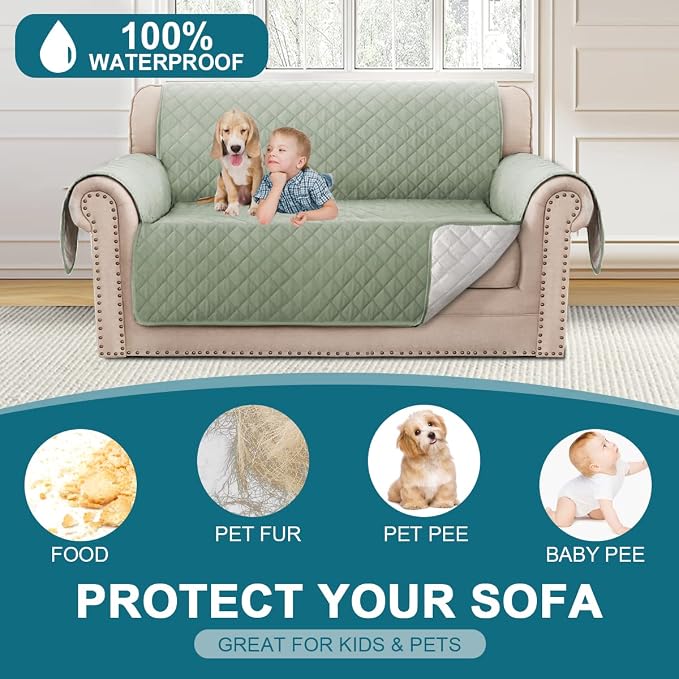 Turquoize 100% Waterproof Couch Cover Sofa Covers for 2 Cushion Couch Loveseat Covers Triple Non-Slip Couch Cover for Dogs Washable Furniture Protector Cover for Pets, Kids,Dog (Loveseat 54", Sage)