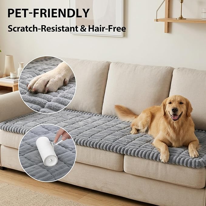 Fixwal Waterproof Dog Couch Cover, Washable Non-Slip Pet Couch Covers for Sofa, Leak-Proof Sofa Protector for Dogs, Pet Friendly Thick Soft Fuzzy Furniture Cover (Light Grey, 27.6" x 82.7")