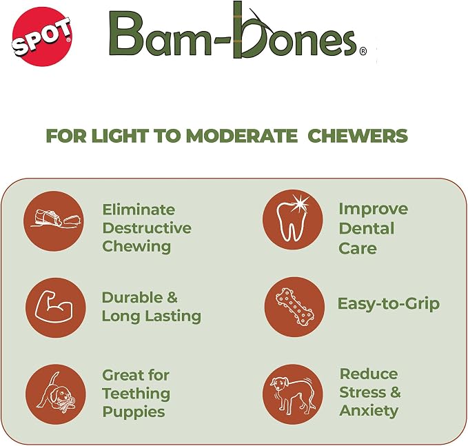 SPOT Bam-Bones Bone - Made with Strong Bamboo Fiber, Durable Long Lasting Dog Chew for Light to Moderate Chewers, Great Toy for Adult Dogs & Teething Puppies under 40lbs, 7.25in, Chicken Flavor