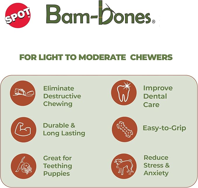 SPOT Bam-Bones Wishbone Dog Chew Toy, Bamboo Fiber Blend, Non-Splintering Durable Chew for Light to Moderate Chewers, Adult Dogs & Teething Puppies 25–50 lbs, Bacon Flavor, 7 in