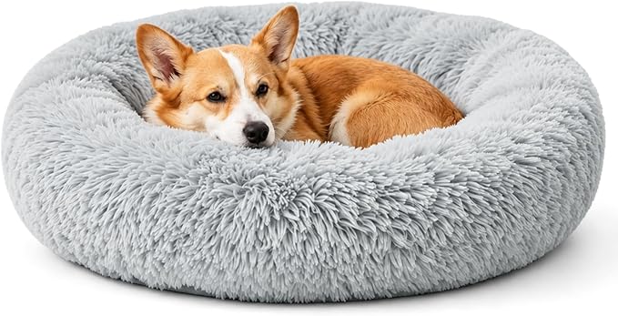 Calming Large Donut Dog and Cat Bed, Anti-Anxiety Round Soft Fluffy Plush Faux Fur Washable Anti-Slip Pet Bed for Medium Dogs Up to 35 lbs 28in Gray