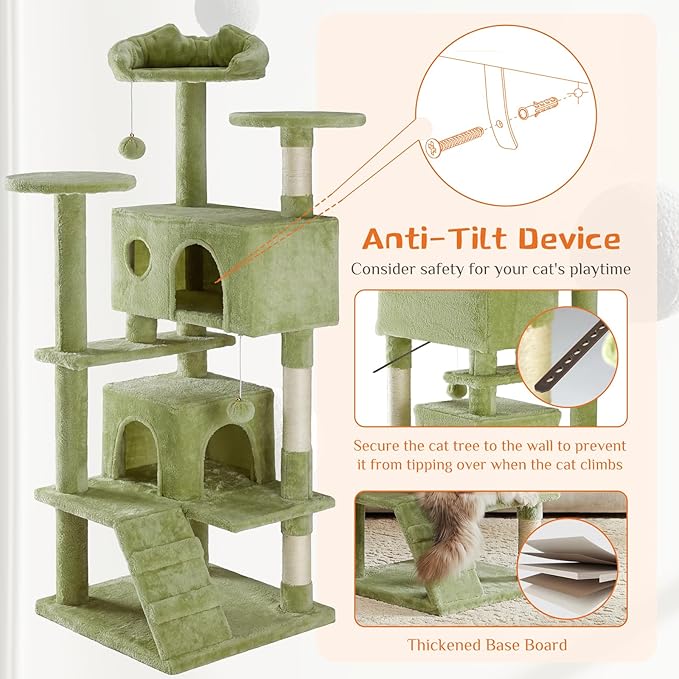 Sweetcrispy 54 Inch Cats Tree Tower, Multi-Level with Cat Scratching Post, Indoor Cat Condo with Climbing Ladder, Plush Toy, Play House for Cats, Green