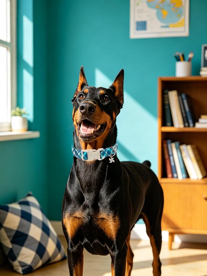 Maca Bates Blue Plaid Dog Collar with Windmill Charm for Extra Large Dogs, Pretty Till Pattern Adjustable Soft Durable Pet Gift for Male Female Dogs