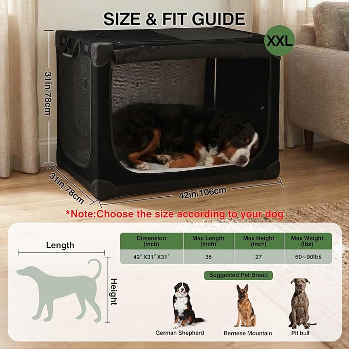Veraste 42" L x 31" W x 31" H Collapsible Travel Dog Crate, Quick-Setup Portable Soft Dog Kennel for Large Dogs up to 90 lbs, 4-Door Foldable Travel Crate with Storage Bag, Black