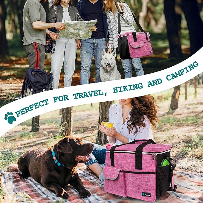 PetAmi Dog Travel Bag Organizer, Pet Travel Kit with 2 Food Containers & 2 Collapsible Dog Bowls, Pet Supplies Tote with Luggage Sleeve, Weekend Road Trip Camping Essentials, Pink, Large