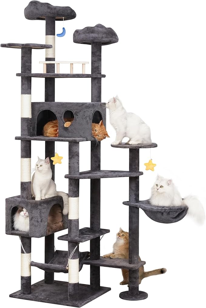 Meecal 79in Giant Cat Tree for Heavy Duty Big Cats, Large Cat Trees with Scratching Post, Cat Tree Tower with Cat Condos, Hammock & Plush Perch for Maine Coon, Smoky Gray