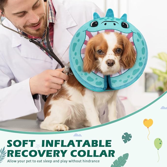 IEUUMLER Inflatable Recovery Dog Collar, Protective Donut Cone, Adjustable Soft Collar for Dog and Cat After Surgery Prevent from Biting & Scratching EU002 - Teal Dinosaur XL