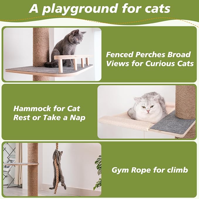 Cat Tree Floor to Ceiling, Adjustable Height 82-120 in, 6-Level Cat Tower with Hammock & Perch, Scratching Post, Stable & Solid Structure and Neutral Color Fit Home Decor