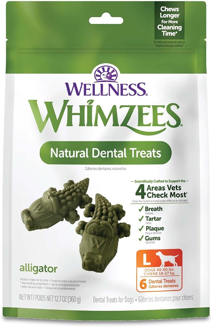 Whimzees Wellness Alligator Natural Dog Dental Treat, Chews, Freshens Breath, Large Size, 12.7 oz Bag, 6 Count