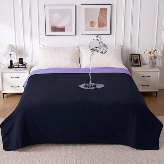 QiyI Waterproof Blanket for Bed King Size, Washable Reversible Bed Cover, Large Leakproof Stain-Resistant Furniture Protector for Travel & Camping, 80"x90", Dk Purple/Lt Purple