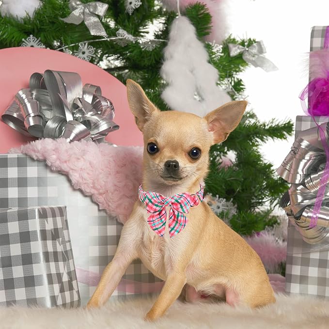 Unique style paws Dog Collar with Tie Pink & Green Plaid Dog Collar Best Gifts for Small Medium Large Dogs -M