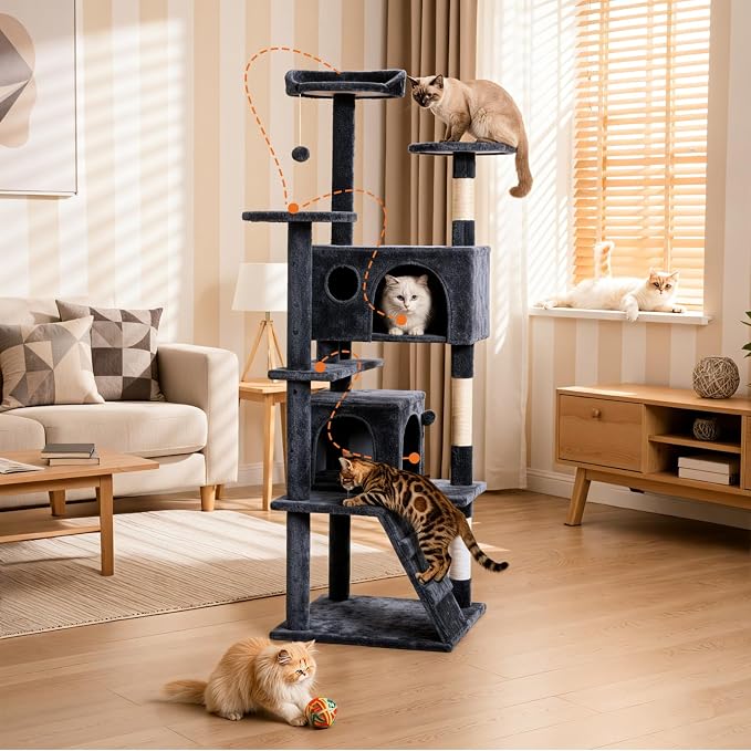 DUMOS 62-inch Indoor Cat Tree Tower –Multi-Level Pet House for Large Cats with 2 Condos, Scratching Posts, Round Platform, Small Ladder, and Toys, Grey