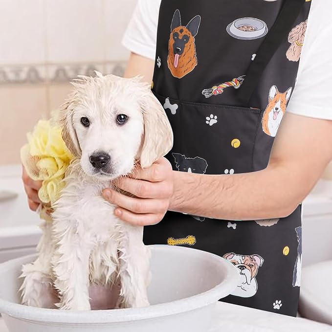 Dog Grooming Waterproof Apron with 2 Pockets, Cute Animals Puppy Dog Pets Apron