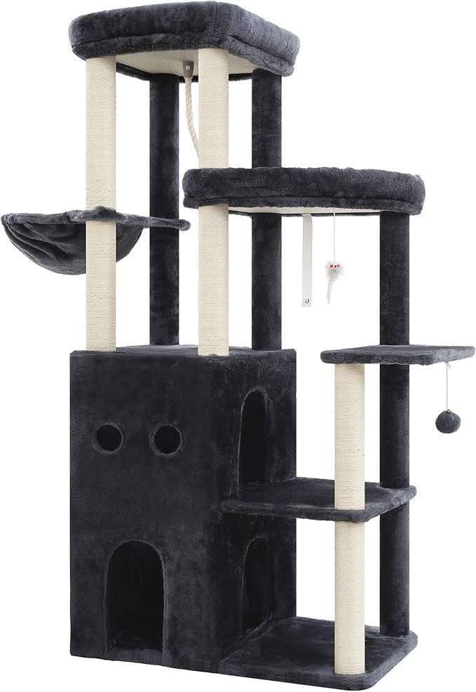 Heybly Cat Tree, 59.4" Secure Anti-Tip Cat Tower for Large Cats, Spacious Cat Furniture with Dual-Tier Cat Condo, 2 Top Perches, Hammock and Sisal Scratching Posts, Smoky Gray HCT055G