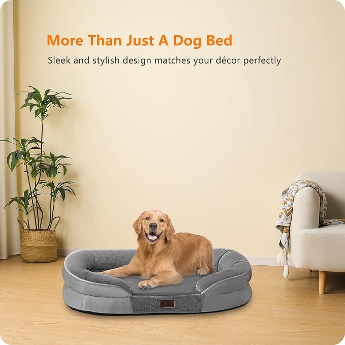 Dwanton Orthopedic Dog Bed for Large Dogs with Gel Memory Foam, Waterproof Dog Sofa, Washable Pet Bed with Four Sided Bolster Cushion, Removable Cover & Non-Slip Bottom, 42", Medium Grey