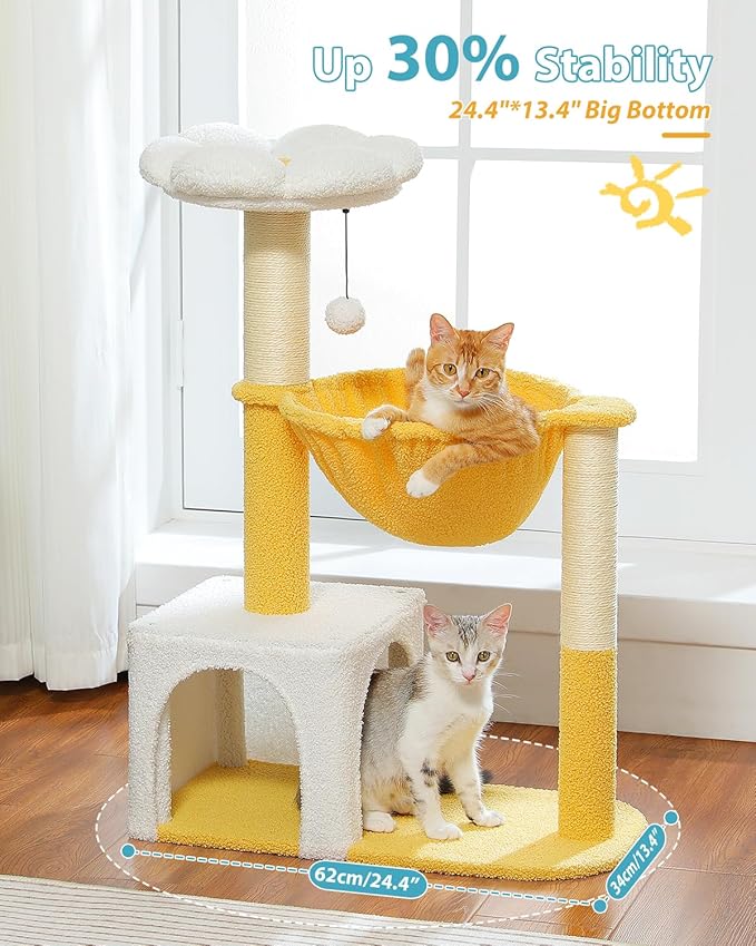 MUTTROS Cute Cat Tree with Flower Top Bed - Cloud Scratching Posts, 35" Small Cat Tower with Large Metal Frame Hammock for Indoor Cats, White Cat Condo for Kittens, Yellow