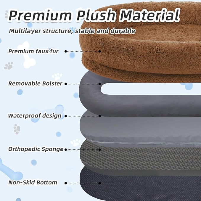 Human Dog Bed, 71''x45''x12'' Size Fits You and Pets, Washable Faux Fur Pet Bed for People Doze Off, Napping Orthopedic Dog Bed, Present Plump Pillow, Blanket, Strap - Brown