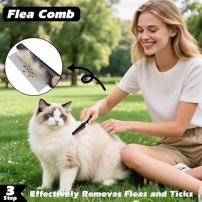 3PCS Self Cleaning Slicker Brush & Pet Grooming Rake & Flea Comb for Dogs,Cats and Horses | Double-Sided Dematting Comb & Skin Friendly Deshedding Grooming Tool (Green)