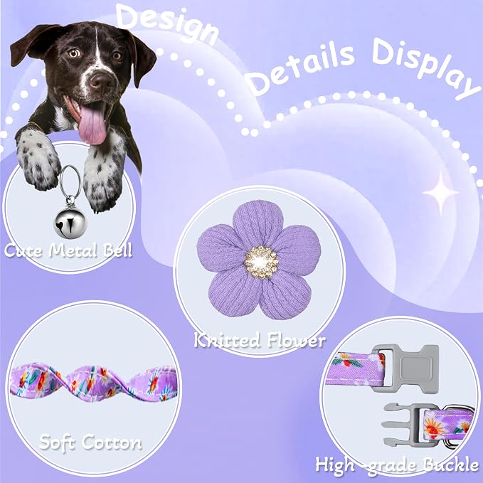 Small Dog Collar with Flower, Spring Dog Collar for Girl Dog Collars for Small Dogs Cute Dog Collar with Bell, Adjustable Length