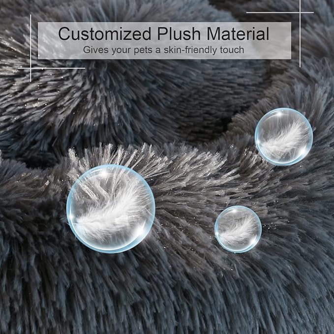 Dog Bed, Cat Calming Bed, Faux Fur Pillow Pet Donut Cuddler Round Plush Bed for Large Medium Small Dogs and Cats (Dark Grey, 23.0" L x 23.0" W x 7.0" Th)