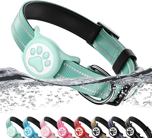 Apple Tag Holder Dog Collar, Reflective Ultra-Durable Nylon Padded with QR Code Buckle & IP68 Waterproof for AirTag Holder Compatible for Apple Tag, Comfortable for Small Medium Large Dogs(Green,M)