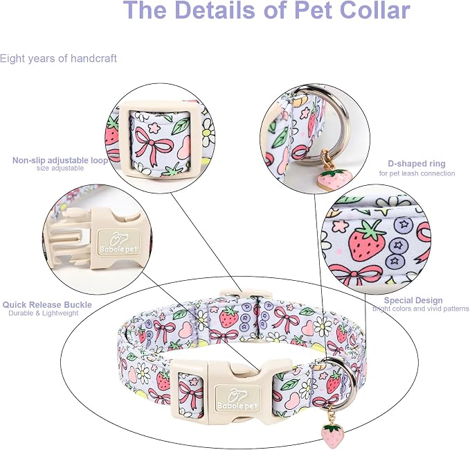 Summer Dog Collar Cute Lavender Dog Collars for Puppy Small Dogs - Lightweight Adjustable Fruit Printed Female Dogs Everyday Collar with Safety Buckle XS