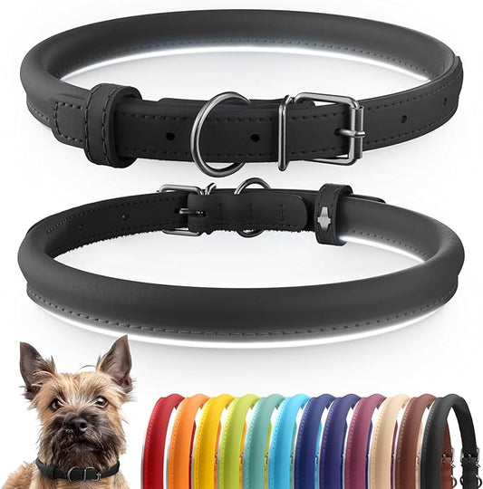 CollarDirect Reflective Rolled Leather Dog Collar, Soft Padded Round Puppy Collar, Handmade Genuine Leather Collar Dog Small Large Cat Collars 13 Colors (6-7 Inch, Black Reflective)