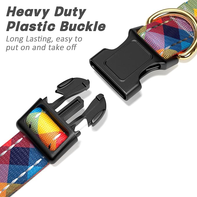 Reflective Dog Collar for Medium Dogs, Cute Boho Adjustable Heavy-Duty Nylon Puppy Collar for Boy and Girl Female, Soft Pet Accessories with Quick Release Buckle, Colorful Tartan