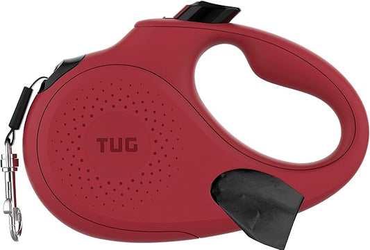 TUG Oval 360° Tangle-Free Retractable Dog Leash with Integrated Waste Bag Dispenser (Large, Red)