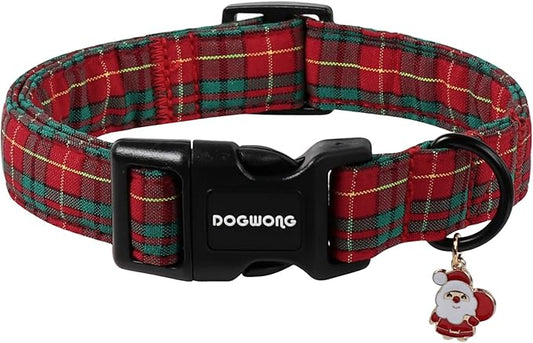 DOGWONG Christmas Plaid Dog Collar- Adjustable Red Tartan Collar, Scottish Red Grid Dog Collar with Strong Plastic Buckle for Small Medium Large Dogs,S