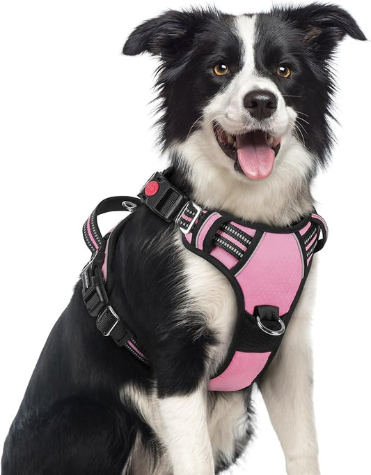 rabbitgoo Dog Harness Medium Sized, 3 Buckles Easy On & Off No Pull Pet Vest, Soft Padded Walking Pet Harness with Control Handle, Adjustable and Reflective, Light Pink, M