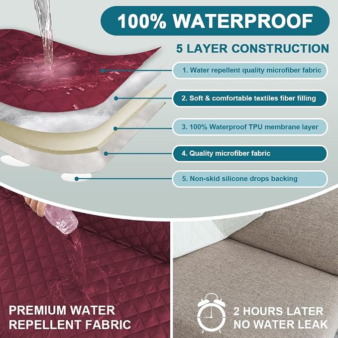 Turquoize 100% Waterproof Futon Cover Futon Slipcover Washable Armless Sofa Bed Slipcover Protector Seat Width Up to 70" with Adjustable Elastic Strap Anti-Slip for Dogs, Burgundy