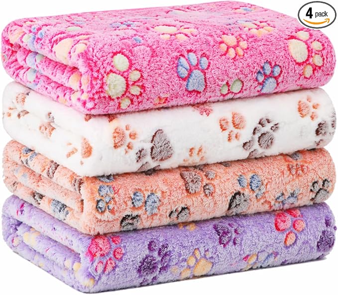 Tatuo 4 Pack Fleece Dog Blankets for Puppy Cats Multi-Size Sleep Mat for Pet Guinea Pig Soft Washable Warm Crate Bed Puppy Teething Toys Print Pattern Blanket Indoor(Mixed Color,36 x 36 Inch,Paw)