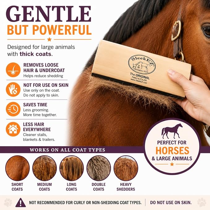 SleekEZ 10 Inch Horse Brush – Patented Horse Shedding Blade Made in USA - Removes Loose Hair & Undercoat - Deshedding Tool for Donkeys, Cows & Large Animals - Helps Reduce Seasonal Shedding