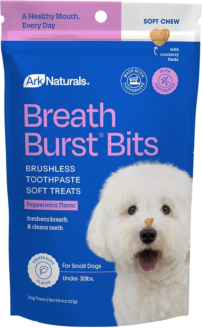 ARK Naturals Breath Bursts Brushless Toothpaste Dog Treats, Dog Dental Bits for Small Breeds, Unique Texture Helps Clean Teeth & Freshen Breath, Peppermint, 4 oz, 1 Pack