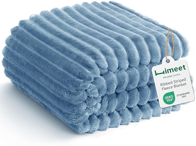 HIMEET Fleece Grayish Blue King Size Blanket for Bed - 300GSM Ribbed Soft Cozy Bedding Blanket, House Warming Gifts New Home, Luxury Bedroom Decor Throws, 108x90 Inches