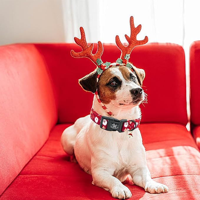 Elegant little tail Christmas Dog Collar, Santa Claus Print Pet Collar Cotton Soft Plastic Buckle Sturdy Puppy Collars Holiday Female or Male Adjustable Collar for Small Puppy