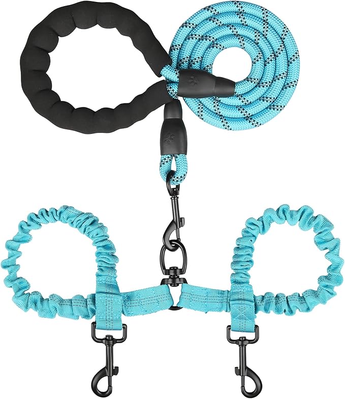 MingXpets Double Dog Leash, Dual Dog Leash, 360° Swivel Tangle Free Bungee Walking Training for Large Medium Dogs, Shock Absorbing Bungee Reflective for Two Dogs, 18~120 lbs, Blue