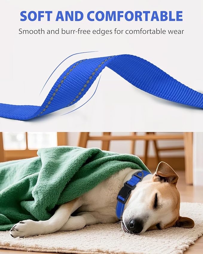 Joytale Dog Collar for Large Dogs, Strong Double-Sided Reflective Nylon Collar for Night Safety, Adjustable Quick-Release for Daily Walking, Navy Blue, L (1" Width)