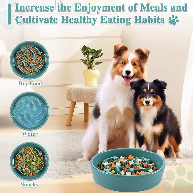 Ceramic Slow Feeder Dog Bowls, 2 Cups Dog Food Dish for Medium and Large Breed, Puzzle Dog Food Bowl for Fast Eater, 28OZ, 8.15 inch(Dark Green)